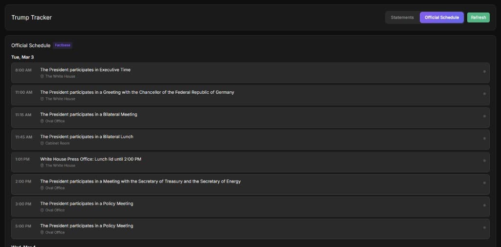 Trump Tracker official schedule view
